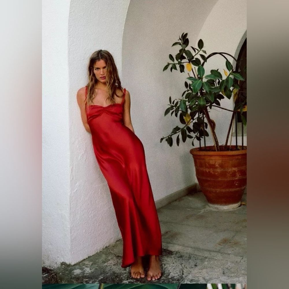 ZARA NWT WOMAN SS24 SATIN MIDI SLIP DRESS RED | 2340/371